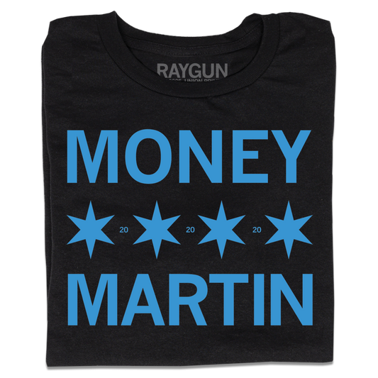 A folded black t-shirt with bright blue ink that says, "MONEY MARTIN" with four Chicago flag stars in the middle and small "20"s printed between them.