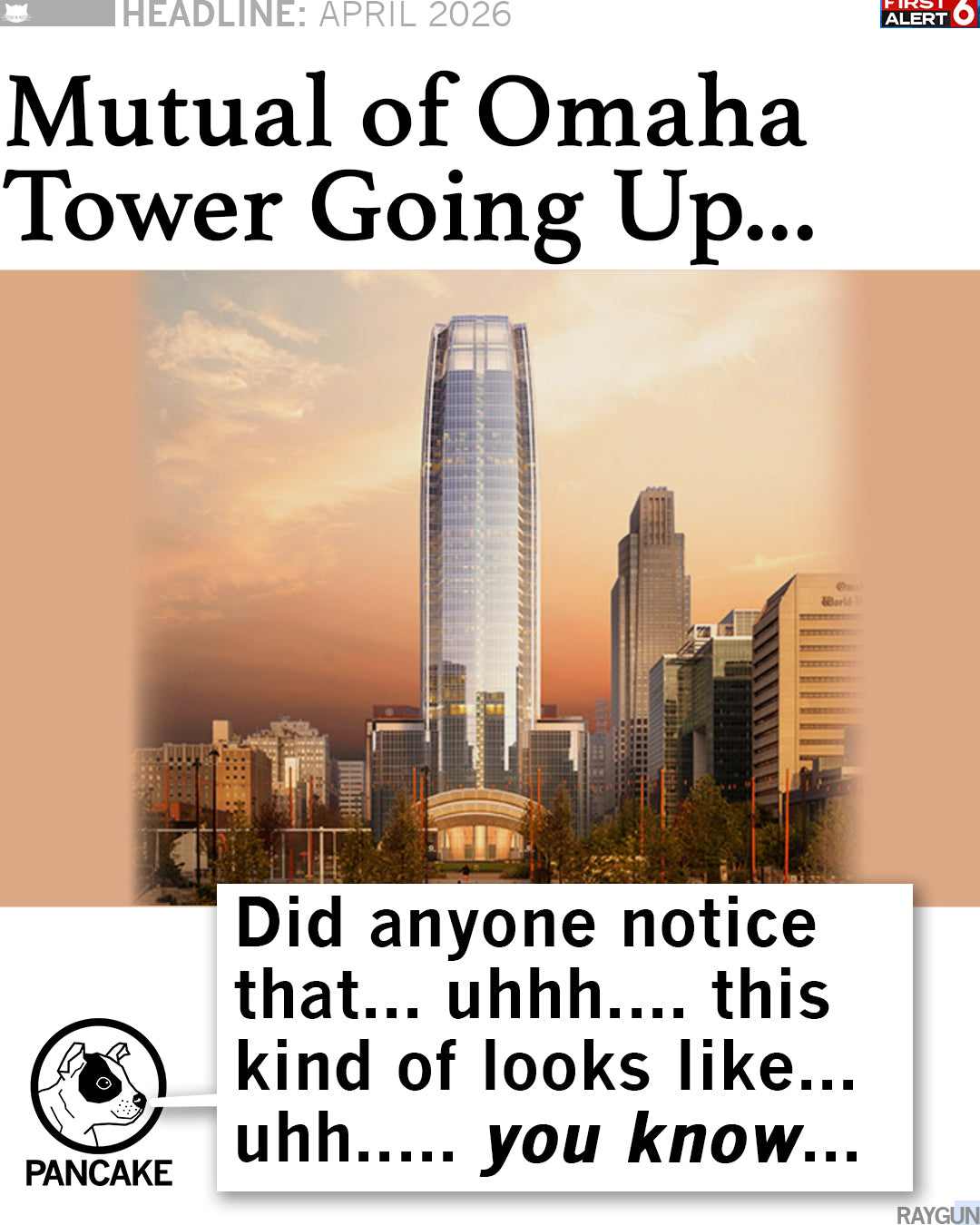 A satirical graphic on a heavyweight grey t-shirt shows the Mutual of Omaha skyscraper rising above a city skyline with a speech bubble from a character named Pancake asking, Did anyone notice that... uhhh.... this kind of looks like... uhh.....