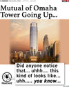 A news graphic titled Mutual of Omaha Tower Going Up features a rendering of a skyscraper with a speech bubble reading, Did anyone notice that... uhhh.... this kind of looks like... uhh..... you know... seen on a Bone T-Shirt.