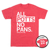 Heather red Natalie Potts t-shirt with white text reading ALL POTTS NO PANS, with an inset showing the back of the shirt printed with the name POTTS and the number 22.