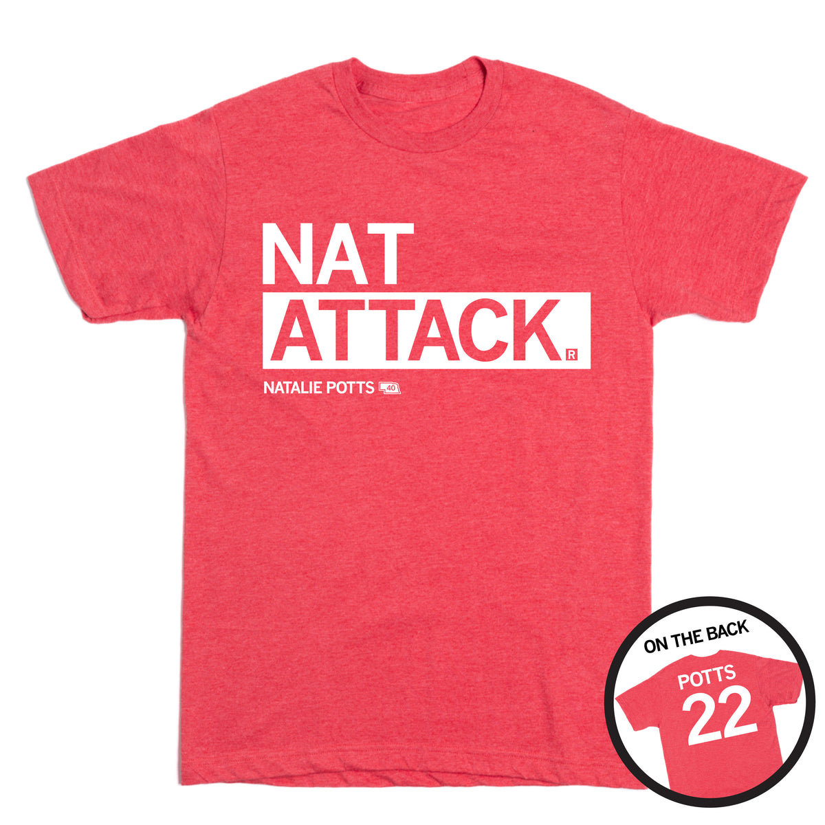 Heather red t-shirt with NAT ATTACK and NATALIE POTTS printed on the front, and POTTS 22 printed on the back.