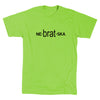 Lime green RAYGUN t-shirt with the text NE-brat-SKA. printed in black across the chest.