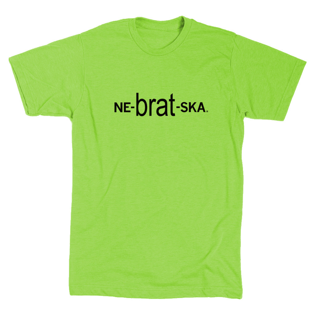Lime green RAYGUN t-shirt with the text NE-brat-SKA. printed in black across the chest.