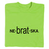 Lime green RAYGUN t-shirt with the black text NE-brat-SKA printed across the chest.