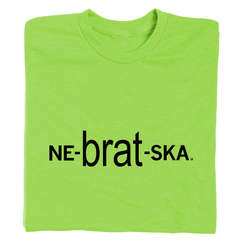 Lime green RAYGUN t-shirt with the black text NE-brat-SKA printed across the chest.