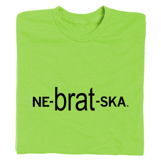 Lime green RAYGUN t-shirt with the black text NE-brat-SKA printed across the chest.