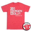 Officially licensed heather red T-shirt with GO BERGEN REILLY! on the front and REILLY 2 on the back.