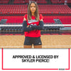 A volleyball player in a heather red t-shirt stands on a court, with text below reading: APPROVED & LICENSED BY SKYLER PIERCE!.