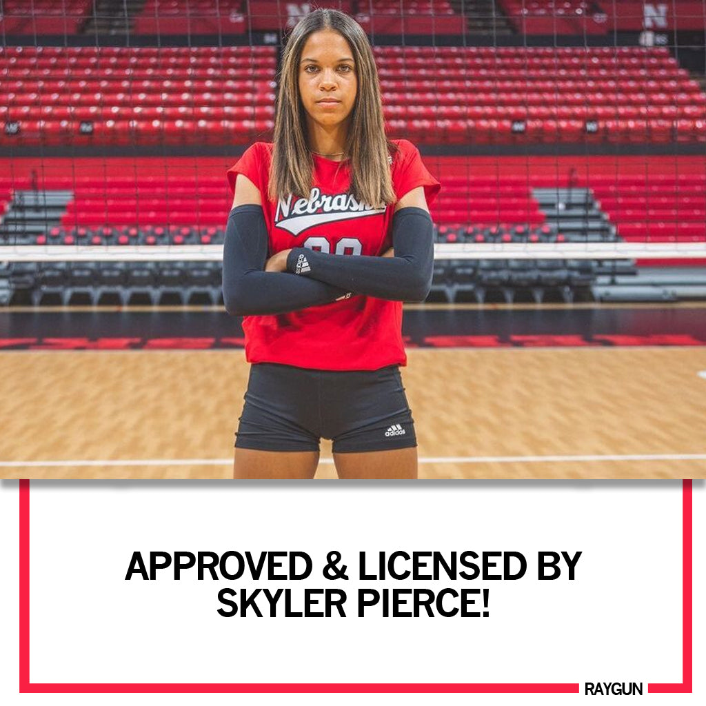 A volleyball player in a heather red t-shirt stands on a court, with text below reading: APPROVED & LICENSED BY SKYLER PIERCE!.