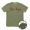 Comfort colors heavyweight green shirt with dark red ink printed on the front and back. The front says, "Nabala Cafe" in Arabic. The back reads "Nabala Cafe. Uptown, Chicago" in English.
