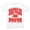 White t-shirt with bright red ink that says, "Nat Attack" above "Natallie Potts 22" in large text." At the bottom it reads "St. Louis MO * Forward" and all of the text is above a volleyball court.