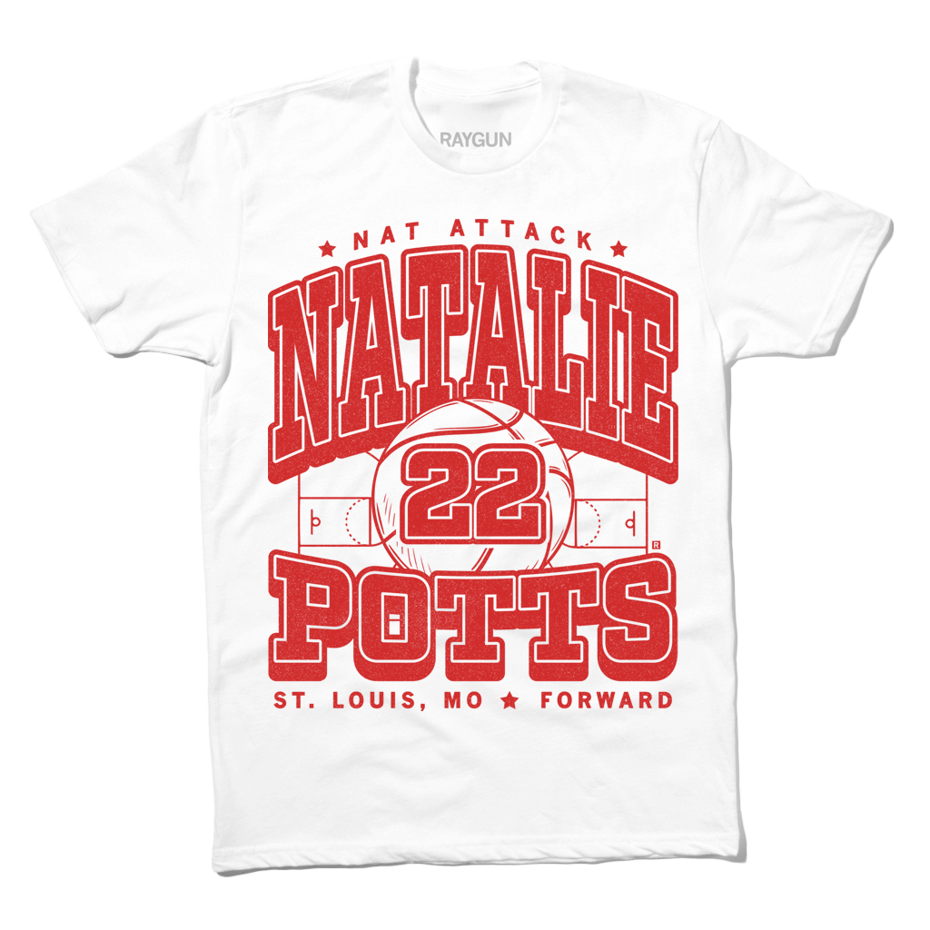 White t-shirt with bright red ink that says, "Nat Attack" above "Natallie Potts 22" in large text." At the bottom it reads "St. Louis MO * Forward" and all of the text is above a volleyball court.