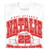 White t-shirt with bright red ink that says, "Nat Attack" in small font above "Natallie Potts 22" in large text." At the bottom it reads "St. Louis MO * Forward" and all of the text is above a volleyball court.