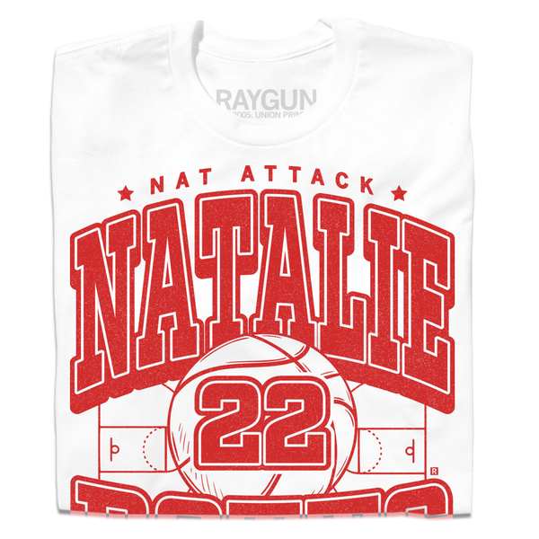 White t-shirt with bright red ink that says, 