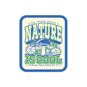 Rectangular RAYGUN die-cut vinyl sticker with the text GO TOUCH GRASS, NATURE IS COOL, and PLEASE TAKE CARE OF IT, featuring a mushroom, butterfly, frog, and speech bubbles saying INSECTS: WOW!, PLANTS: NEATO!, and FUNGI: FUN!.