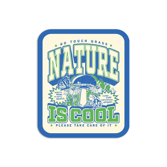 Rectangular RAYGUN die-cut vinyl sticker with the text GO TOUCH GRASS, NATURE IS COOL, and PLEASE TAKE CARE OF IT, featuring a mushroom, butterfly, frog, and speech bubbles saying INSECTS: WOW!, PLANTS: NEATO!, and FUNGI: FUN!.