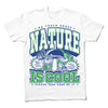 Union-made white t-shirt with a graphic that says Nature is cool, go touch grass, please take care of it, featuring illustrations of a mushroom, a frog, a butterfly, and a small cat.