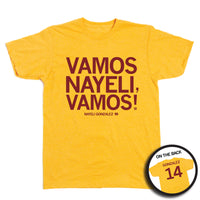 A short-sleeve heather mellow yellow t-shirt with centered cardinal print ink that says, "VAMOS NAYELI, VAMOS!" with "NAYELI GONZALEZ" in smaller text below. A small, circle photo in the bottom right shows the back of the shirt printed like a jersey. The back has "GONZALEZ" across the back above "14."