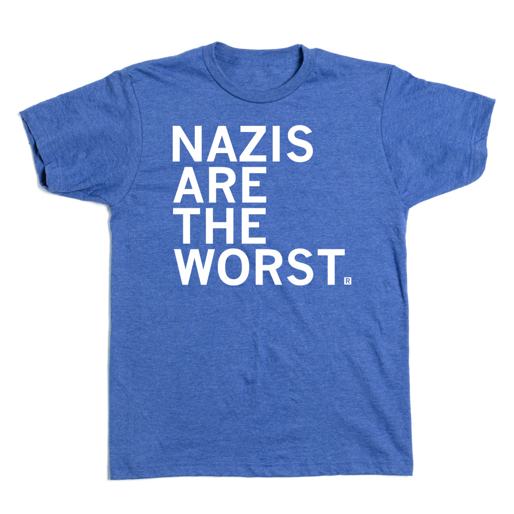 Blue Heather Royal short-sleeved t-shirt with the white text NAZIS ARE THE WORST.