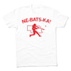 White Raygun t-shirt with a red graphic of a baseball player swinging at a ball in front of the outline of Nebraska and the text NE-BATS-KA!.