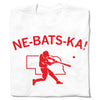 White Raygun t-shirt featuring a red graphic of a baseball player swinging a bat in front of a map of Nebraska with the text NE-BATS-KA!.