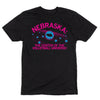 Black union made t-shirt featuring the text NEBRASKA: THE CENTER OF THE VOLLEYBALL UNIVERSE! surrounding a graphic of a blue volleyball as a planet with rings and orbiting miniature volleyballs.