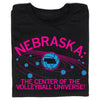 Black Nebraska volleyball t-shirt with NEBRASKA: THE CENTER OF THE VOLLEYBALL UNIVERSE! printed in pink and blue, featuring a volleyball with a state silhouette graphic surrounded by orbiting volleyballs.