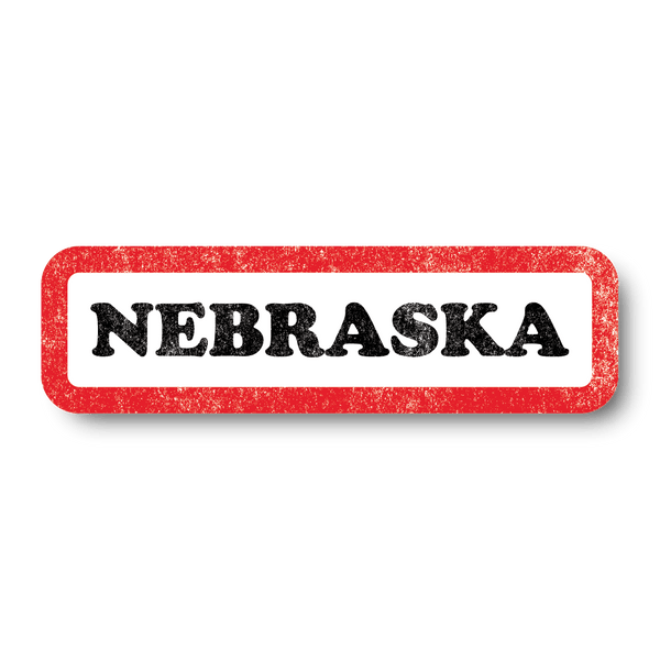 A vintage style white rectangle sticker with a faded red border and faded black text that says, 