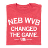 Red Nebraska Women’s Volleyball RAYGUN t-shirt with white text reading NEB WVB CHANGED THE GAME and a volleyball graphic between the words WOMENS and VOLLEYBALL.