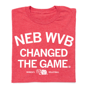 Red Nebraska Women’s Volleyball RAYGUN t-shirt with white text reading NEB WVB CHANGED THE GAME and a volleyball graphic between the words WOMENS and VOLLEYBALL.