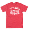 Red RAYGUN t-shirt featuring the white text NEB WVB CHANGED THE GAME above a Nebraska Women’s Volleyball logo.