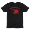 Black tee with brite red ink and curved text that says, "Nebrasketball" above an outline of Nebraska with a basketball going through a hoop.