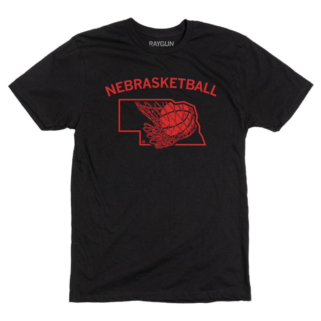 Black tee with brite red ink and curved text that says, "Nebrasketball" above an outline of Nebraska with a basketball going through a hoop.