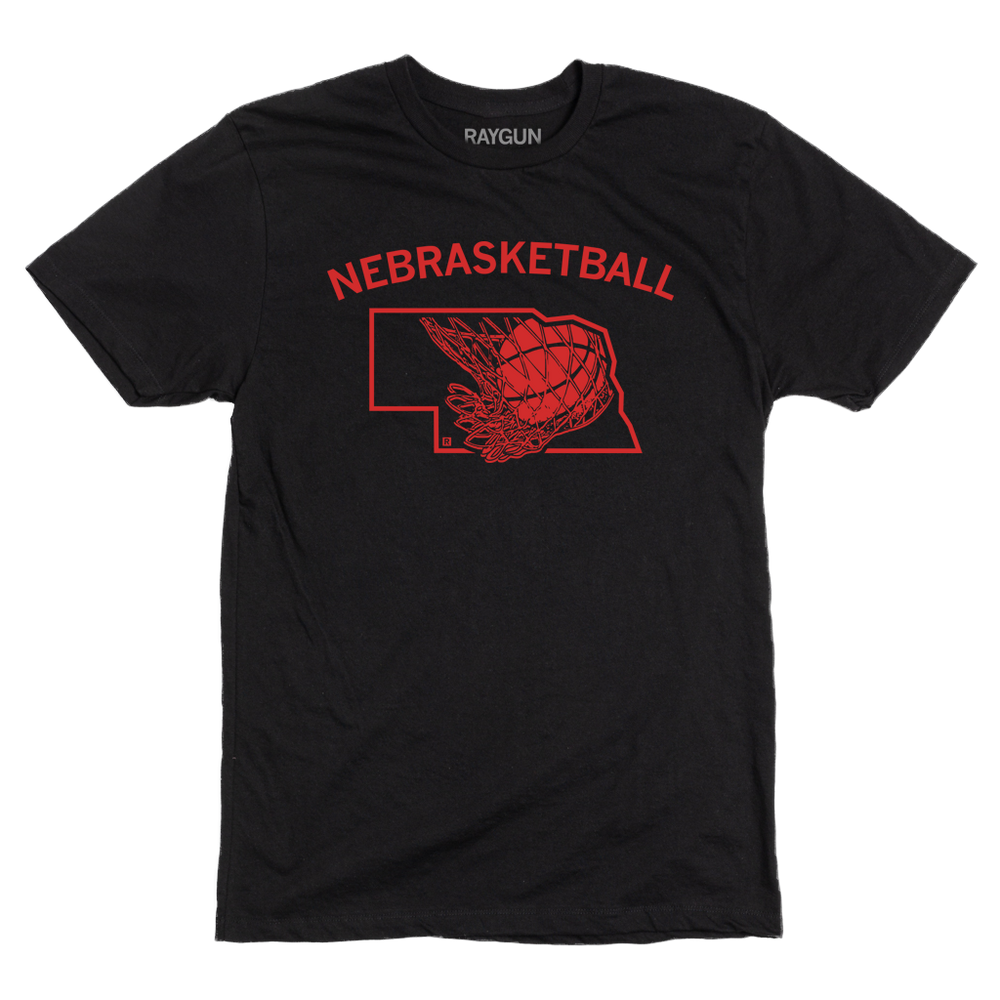 Black tee with brite red ink and curved text that says, "Nebrasketball" above an outline of Nebraska with a basketball going through a hoop.