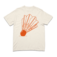 An off white t-shirt with orange ink depicting a giant badminton shuttlecock on the front and the text "Nelson Atkins Museum of Art" on the back.