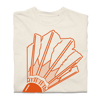 A folded comfort colors ivory t-shirt with orange ink depicting a giant badminton shuttlecock on the front and the text "Nelson Atkins Museum of Art" on the back.