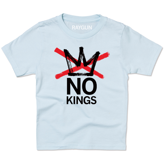 Light blue union labor t-shirt featuring a black crown crossed out with red brush strokes above the text NO KINGS.