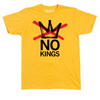 A heather mellow yellow t-shirt with a red ink X going across a black crown with black text below that says, "NO KINGS"