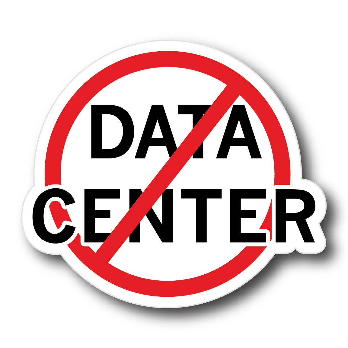 A circular sticker or decal featuring the text 'DATA CENTER' in bold black letters on a white background, crossed out by a red prohibition symbol with a black outline, shown on a muted blue-gray background.