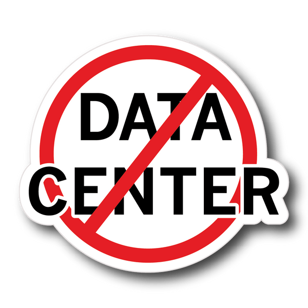 A circular sticker or decal featuring the text 'DATA CENTER' in bold black letters on a white background, crossed out by a red prohibition symbol with a black outline, shown on a muted blue-gray background.