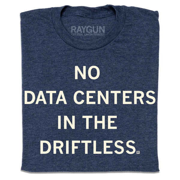 A folded heather navy t-shirt with centered cream ink that reads 