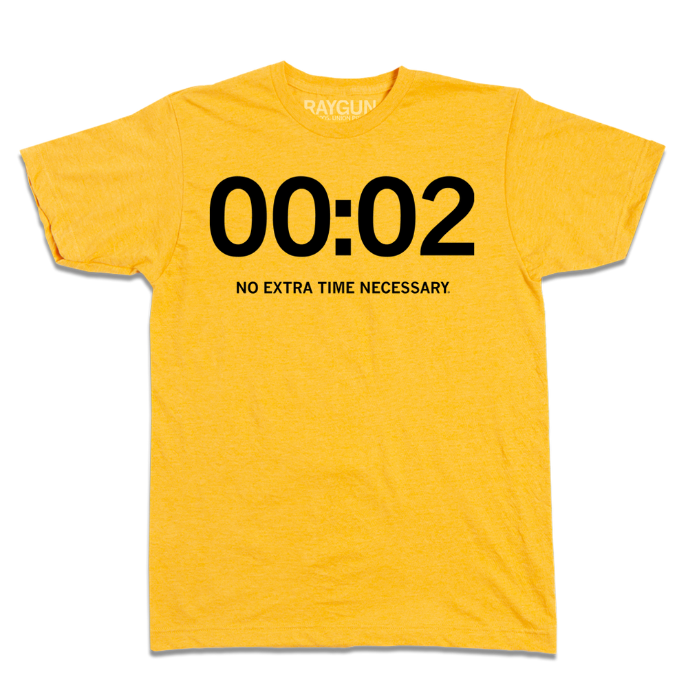 Short-sleeve heather gold t-shirt with black ink that shows "00:02" in large print and "No Extra Time Necessary." in smaller text below.