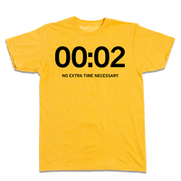 Short-sleeve heather gold t-shirt with black ink that shows "00:02" in large print and "No Extra Time Necessary." in smaller text below.