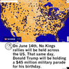 A map of the US covered in dark blue pins, displayed by a union labor organizer. Text below states: On June 14th, No Kings rallies will be held across the US, the same day Donald Trump holds a $45 million military parade for his birthday.