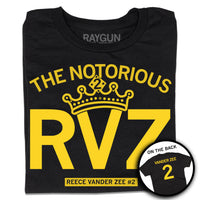 A folded black t-shirt with yellow ink text that says, "The Notorious RVZ" with a crown on the "V." Smaller font below says, "Reece Vander Zee #2." A circle image in the bottom right shows the back of the shirt laid out like a jersey with "VANDER ZEE" printed above a number 2.