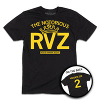 Short-sleeve black t-shirt with yellow ink text that says, "The Notorious RVZ" with a crown on the "V." Smaller font below says, "Reece Vander Zee #2." A circle image in the bottom right shows the back of the shirt laid out like a jersey with "VANDER ZEE" printed above a number 2.
