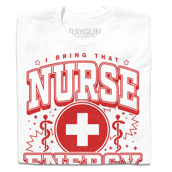 A folded white t-shirt with red ink that says, 