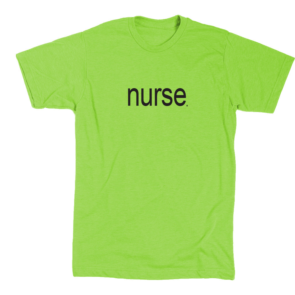 Bright lime green union-made t-shirt with the word nurse printed in black across the chest.