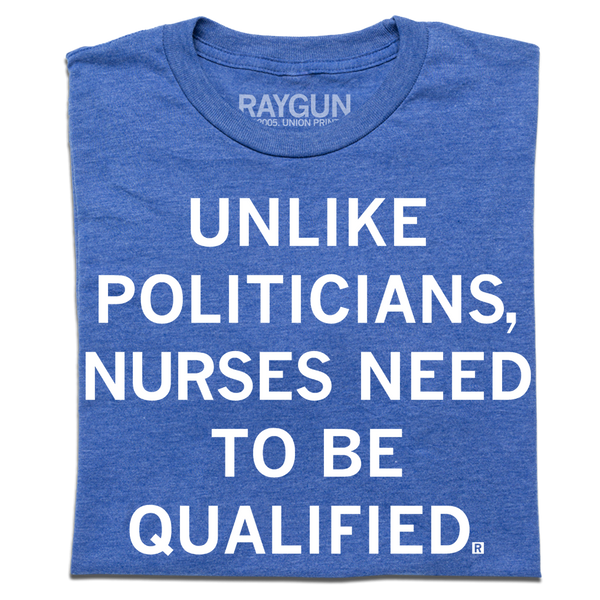 Heather royal blue tee with white ink text that reads, 