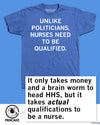 Blue crew-neck union made t-shirt featuring the white text: UNLIKE POLITICIANS, NURSES NEED TO BE QUALIFIED. The box below states: It only takes money and a brain worm to head HHS, but it takes actual qualifications to be a nurse.